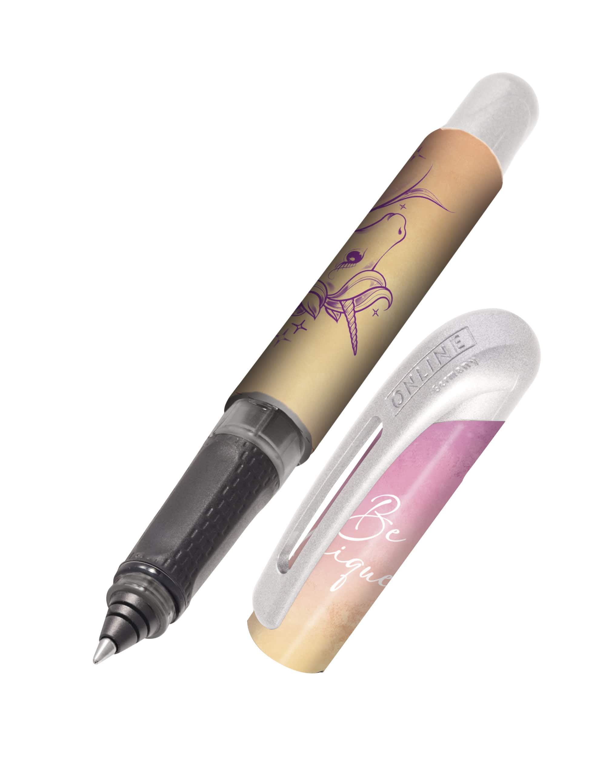 Der Tinten-Rollerball Be Unique mit Einhorn-Print und schönem penk-gelben Hintergrund