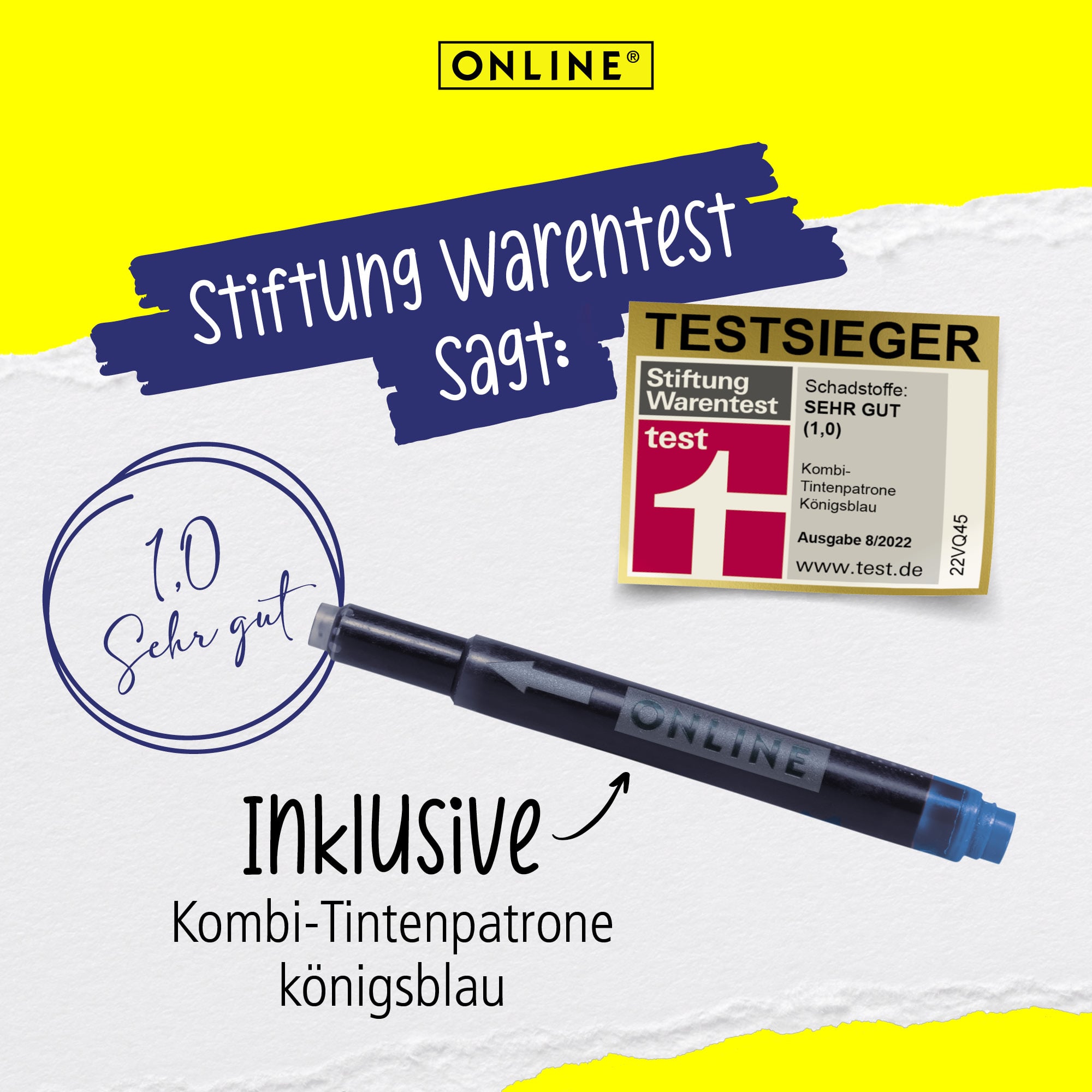 Der Füller wird inklusive einer unserer Testsieger-Kombipatronen mit der Note 1: Sehr gut geliefer