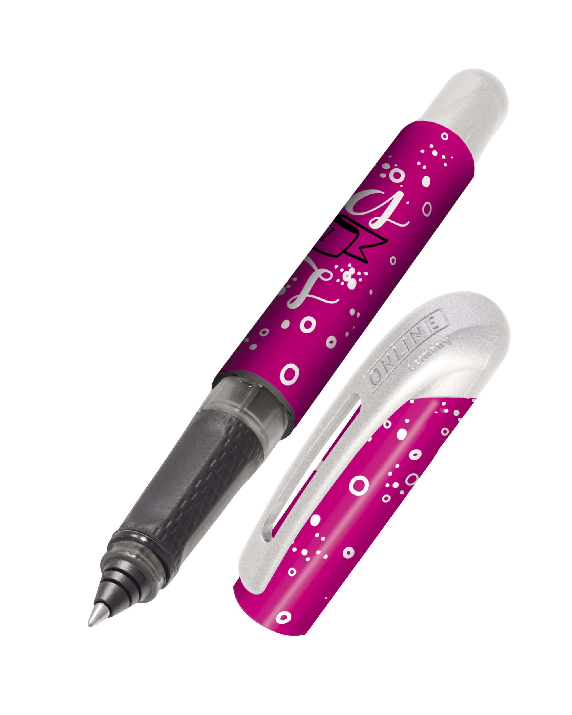 Der Tinten-Rollerball Life Is Better In Pink mit weißer Aufschríft und pinkem Hintergrund
