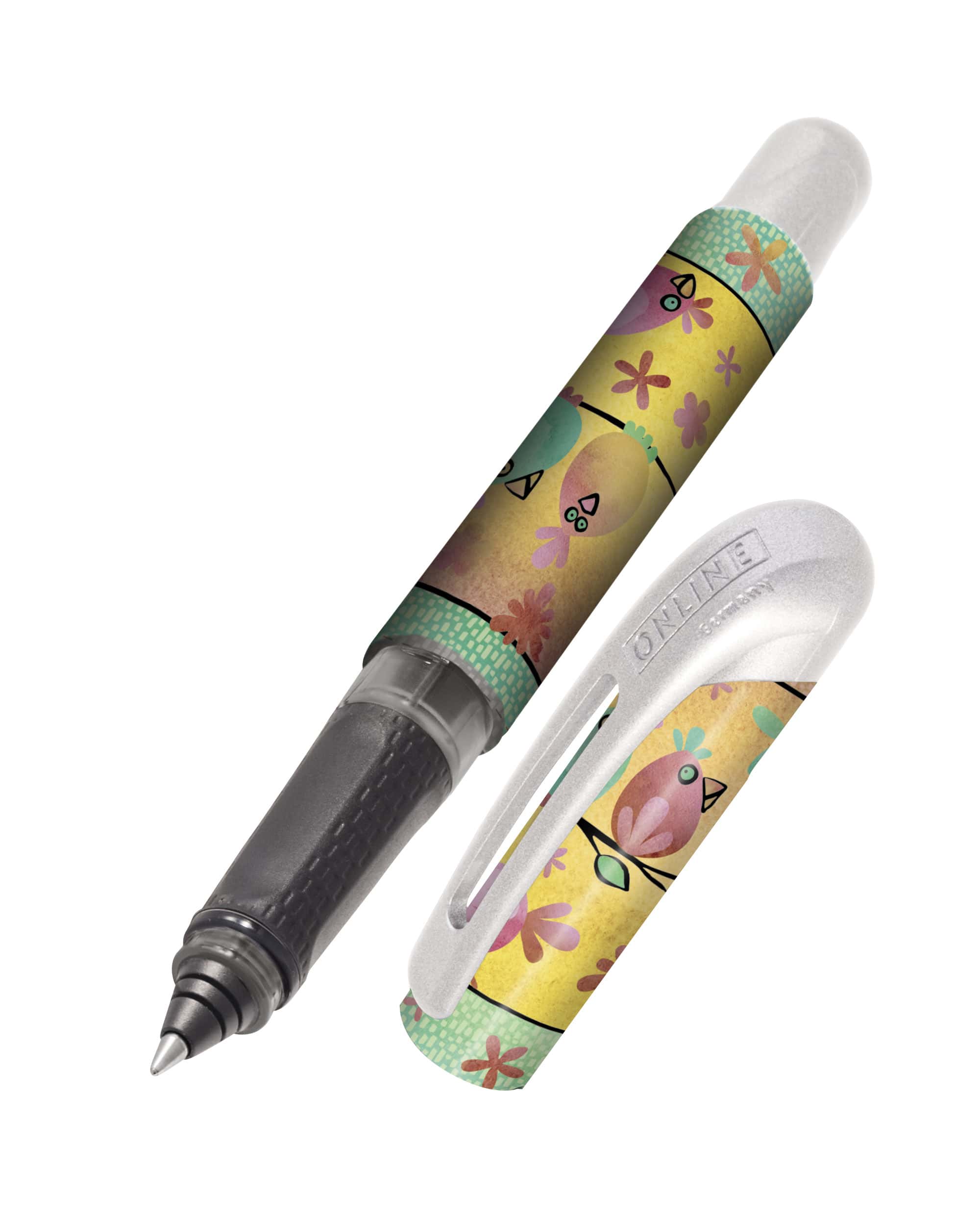 Der Tinten-Rollerball Chicken Paradise mit lustigen Cartonn-Figuren und trendigem Hintergrund