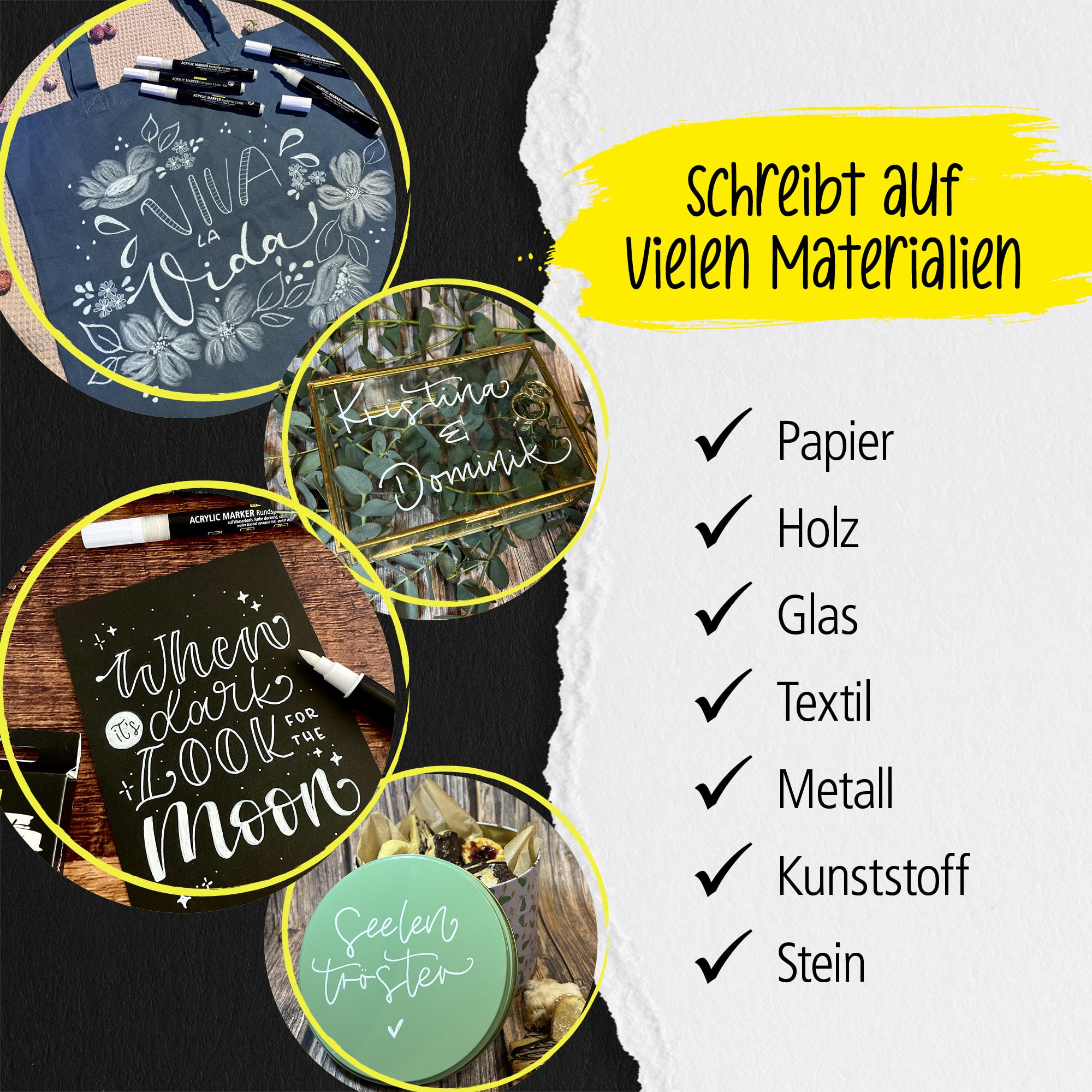 Schreibt auf vielen Materialien wie Textil, Kunststoff, Stein oder Holz