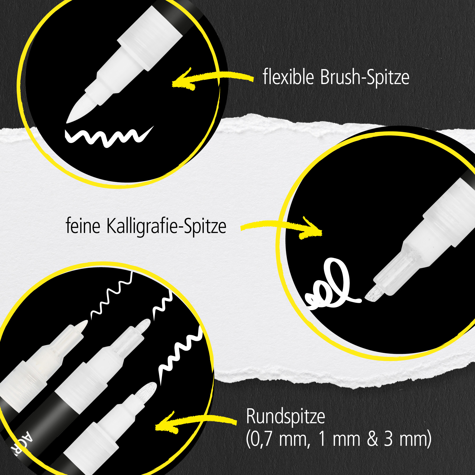 Die verschiedenen Spitzen des White Lettering Sets