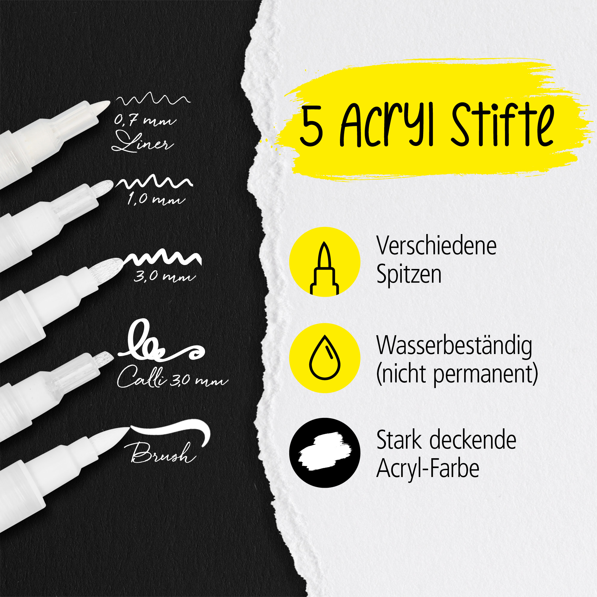Fünf Acrylstifte mit verschiedenen Spitzen und stark deckender Acryl-Farbe (nicht permanent)