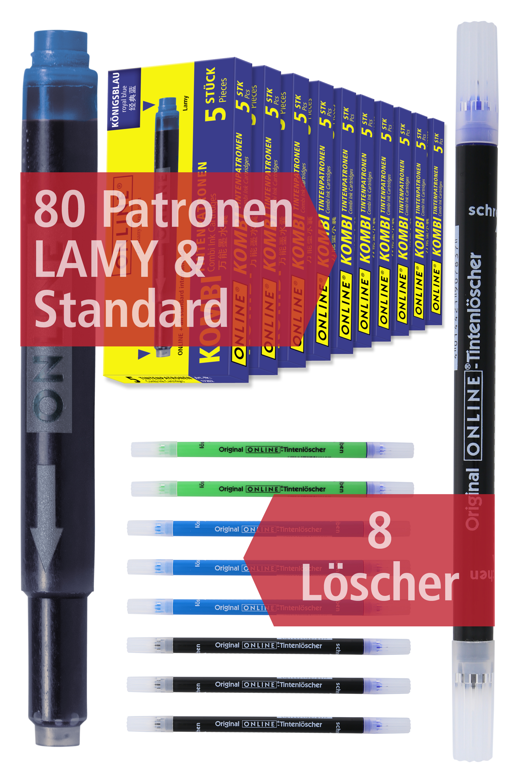 80x Ink cartridges blue & 8x Ink eraser, value pack